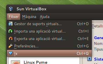 Interfície del VirtualBox en valencià