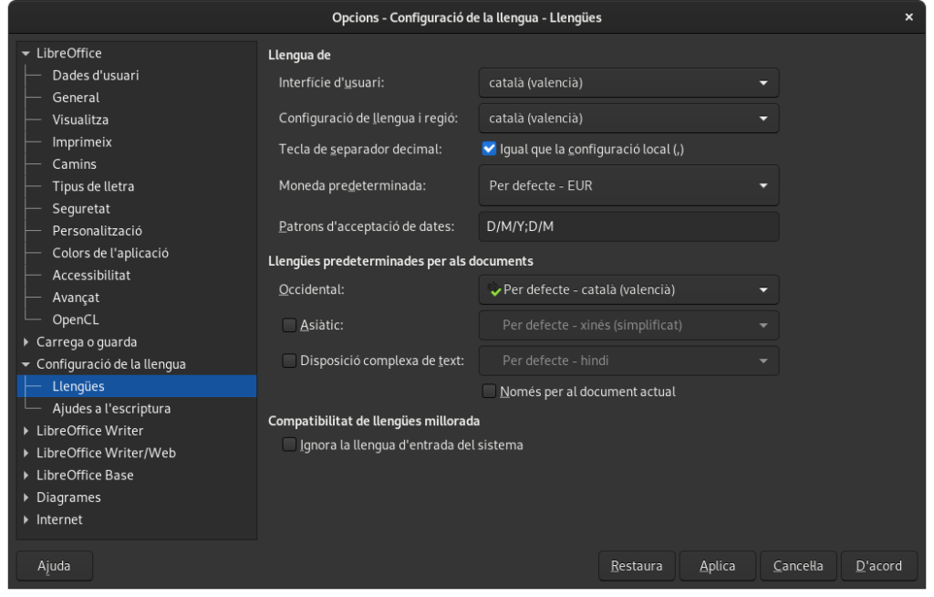 COnfiguració del LibreOffice